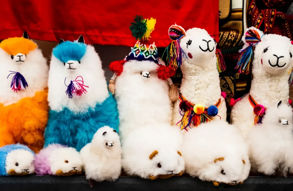 Many teddy alpacas lined for sale in one of the many stores in Pisaq's traditional market.