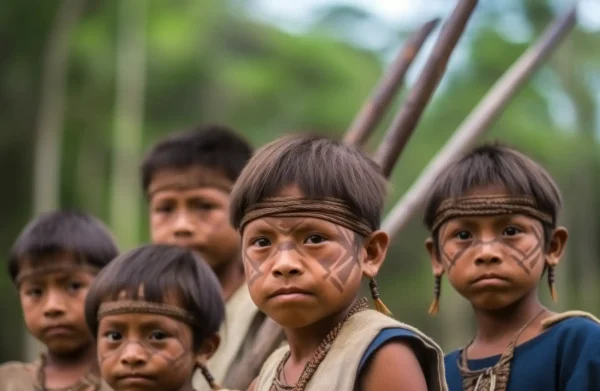 A group of kids raised in the Amazon's rainforest wearing their custom indumentaries.